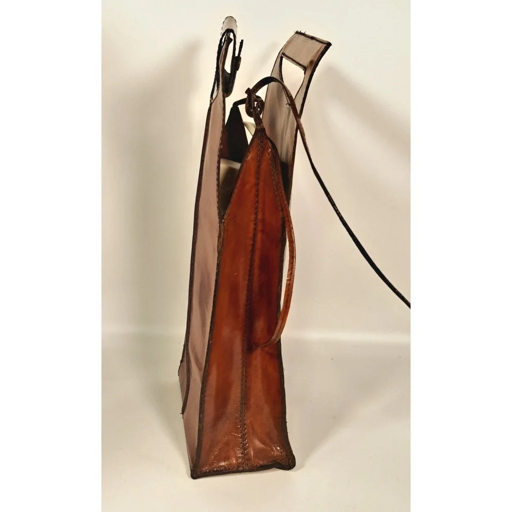 Vintage Cognac Brown Leather Wine Bottle Carrier Bag Snap Closure Picnic Tote